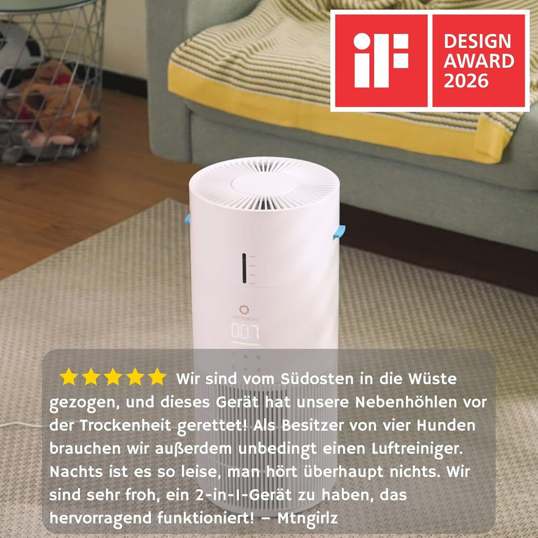 Airthereal 2-in-1 Luftreiniger mit Luftbefeuchter für bis zu 125 m², 3-Stufen-Filter, Luftqualitätsa