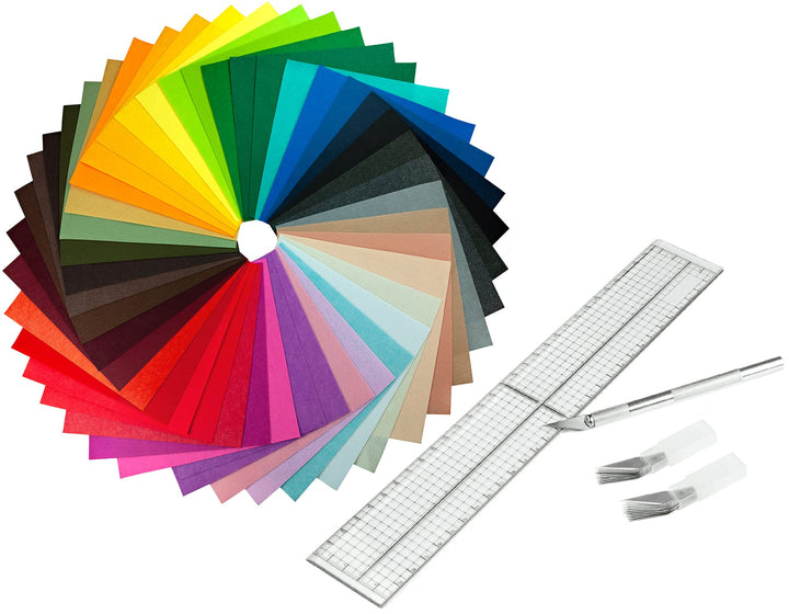 Bastelset: 40 x Filzstoff, Bastelfilz in verschiedenen Farben, Filz: 30 x 30 cm mit Schneidelineal u
