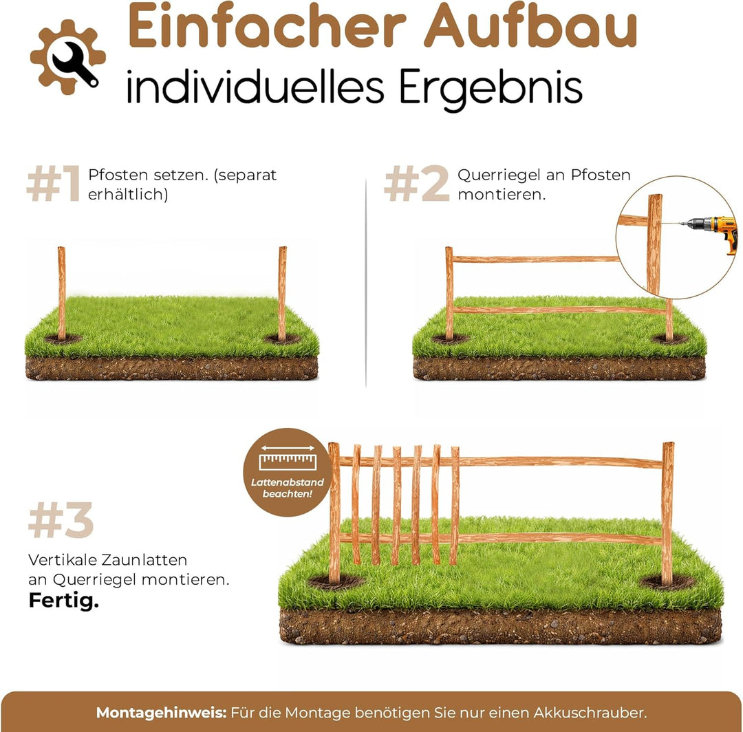BooGardi Zaunelement Haselnuss · 144 Grössen · 50 x 90 cm (7-9 cm) · Staketenzaun Bausatz für Latten