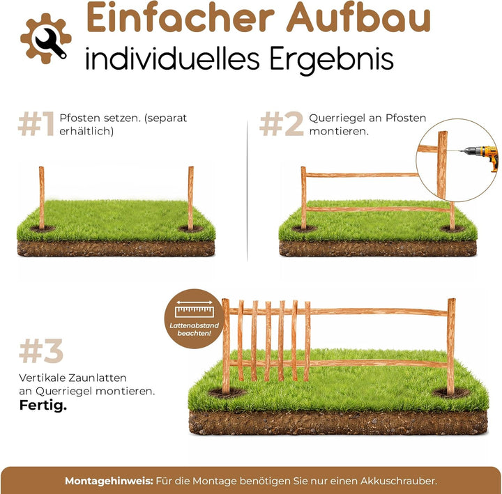 BooGardi Zaunelement Haselnuss · 144 Grössen · 50 x 90 cm (7-9 cm) · Staketenzaun Bausatz für Latten