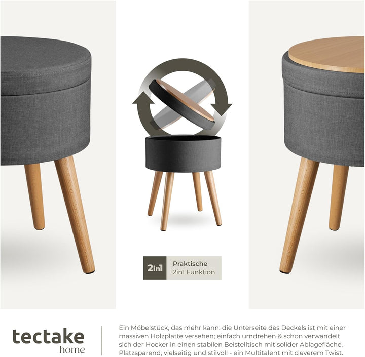 tectake 800836 Sitzhocker mit Stauraum in Leinenoptik, bis 300 kg belastbar, rund, Deckel abnehmbar,