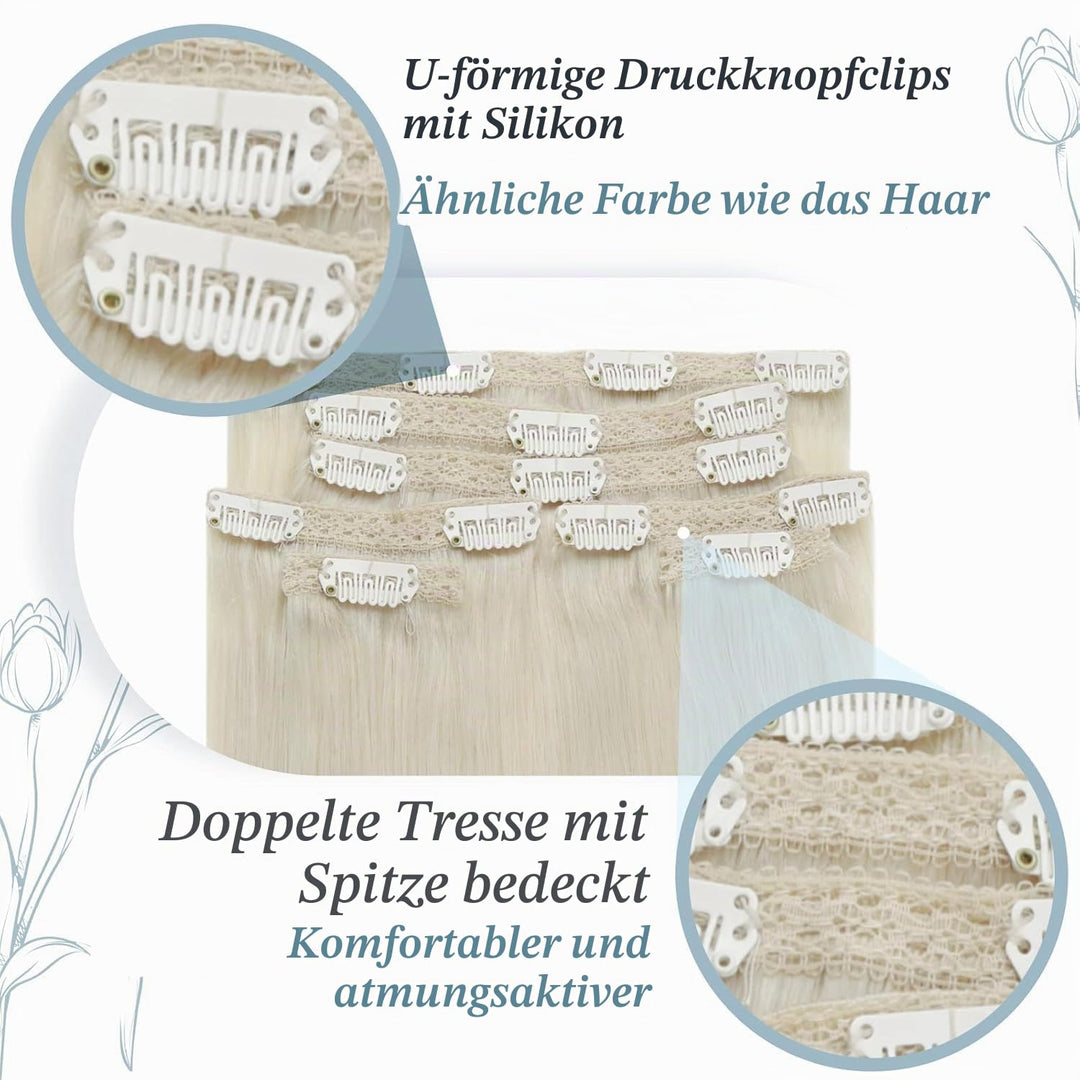 RUNATURE Clip in Extensions Echthaar Weiss Blond Remy Haarverlangerung Echthaar Clip in Glatt Haar E