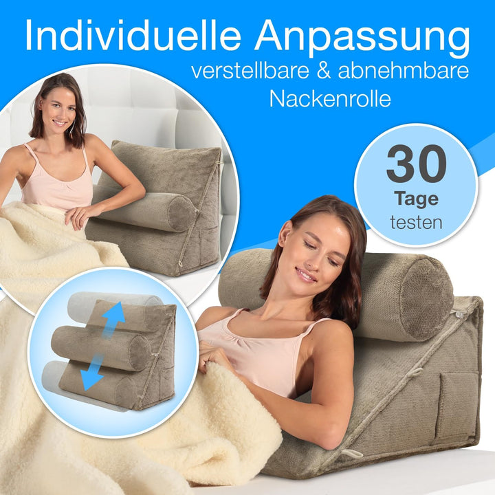 Rückenkissen Bett/Sofa mit Abnehmbarer Nackenrolle und Seitentasche, Rückenstützkissen mit Nackenkis
