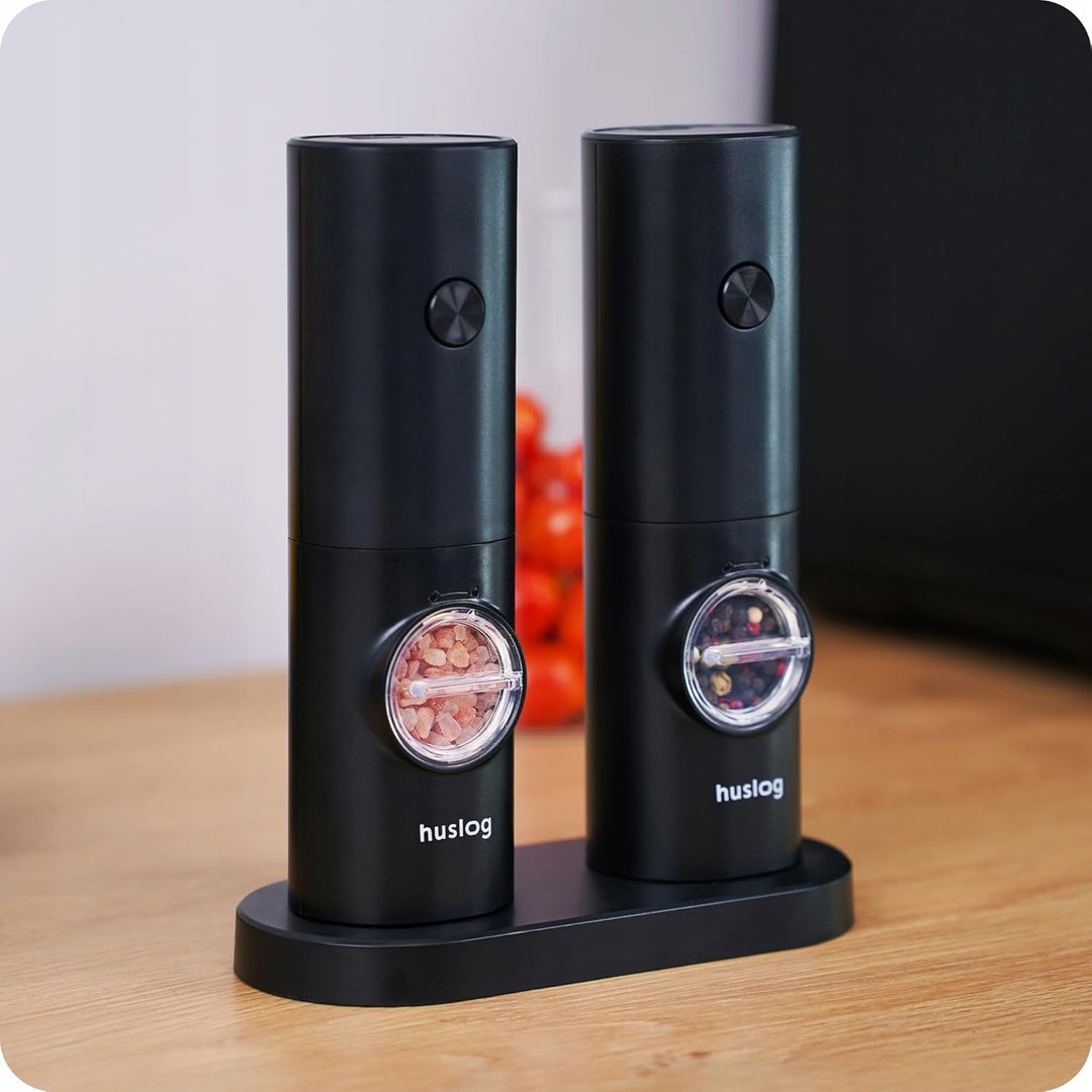 Elektrische Salz und Pfeffermühlen 2er Set, Ständer und einstellbarem, Batteriebetrieben, Schwarz