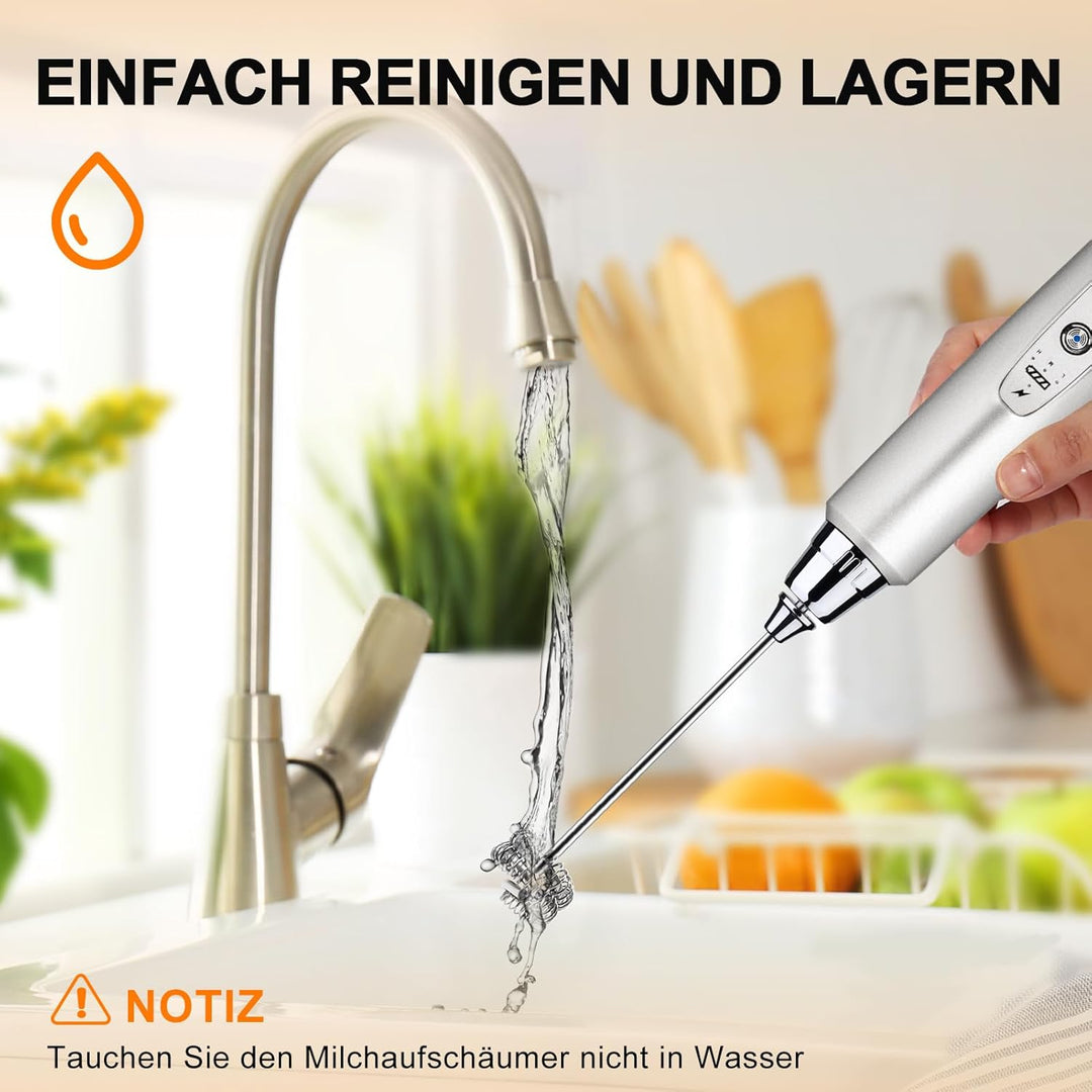 YUSWKO Milchaufschäumer Stab für Kaffee mit Ständer, Usb Wiederaufladbarer Aufschäumer, 3 Schneebese