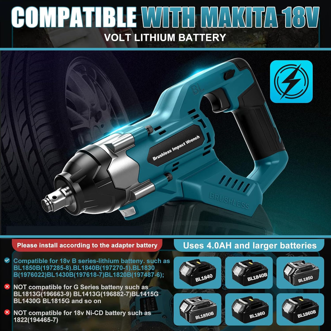 1000Nm Akku Schlagschrauber Kompatibel mit Makita 18V Batterie (Ohne Akku), 1/2 Zoll Bürstenloser Sc