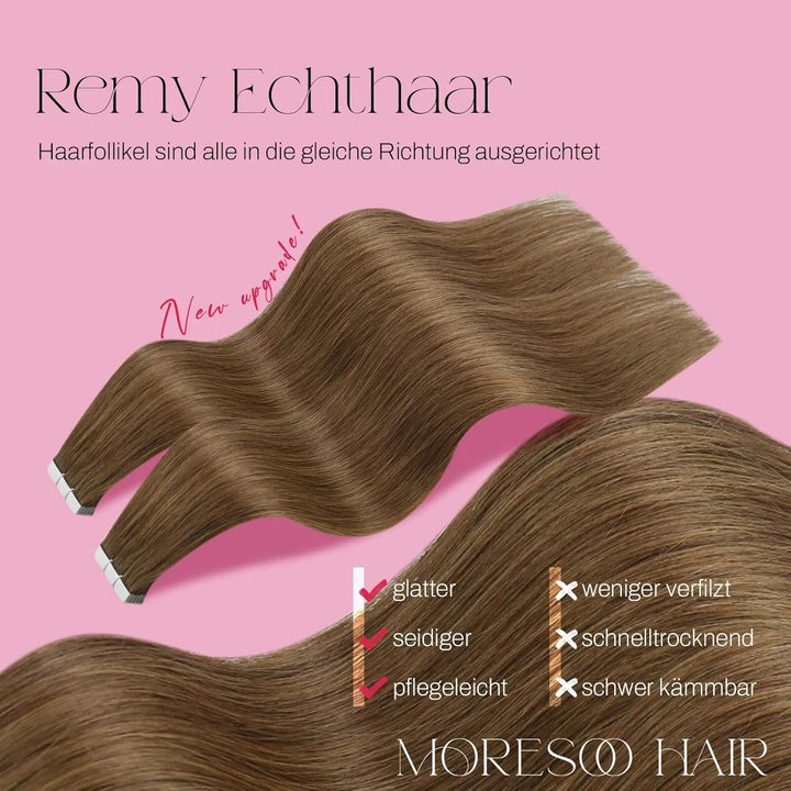Moresoo Invisible Tape Extensions Hellbraun Echthaar Tape in Extensions Braun Tapes Klebestreifen Ex