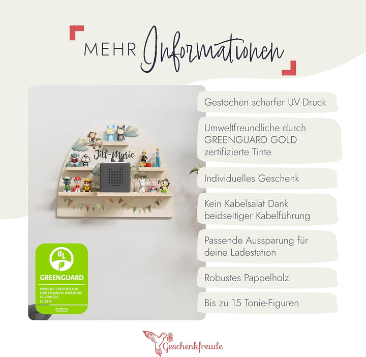 Geschenkfreude Personalisiertes Toniebox Regal für Kinderzimmer - Kinder Wandregal für Tonie Hörfigu