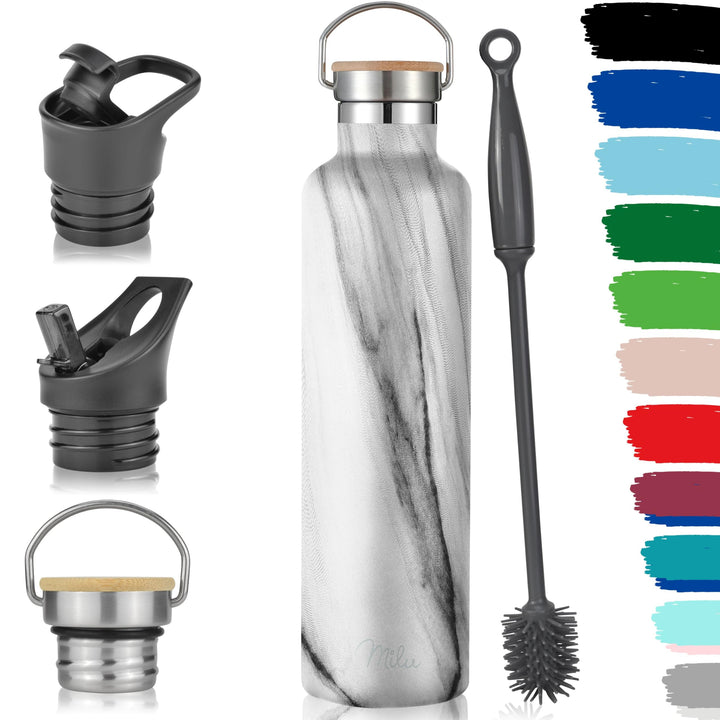 Milu Edelstahl Trinkflasche 500ml, 750ml, 1000ml (+3 Deckel) - Thermosflasche mit Strohhalm, Isolier