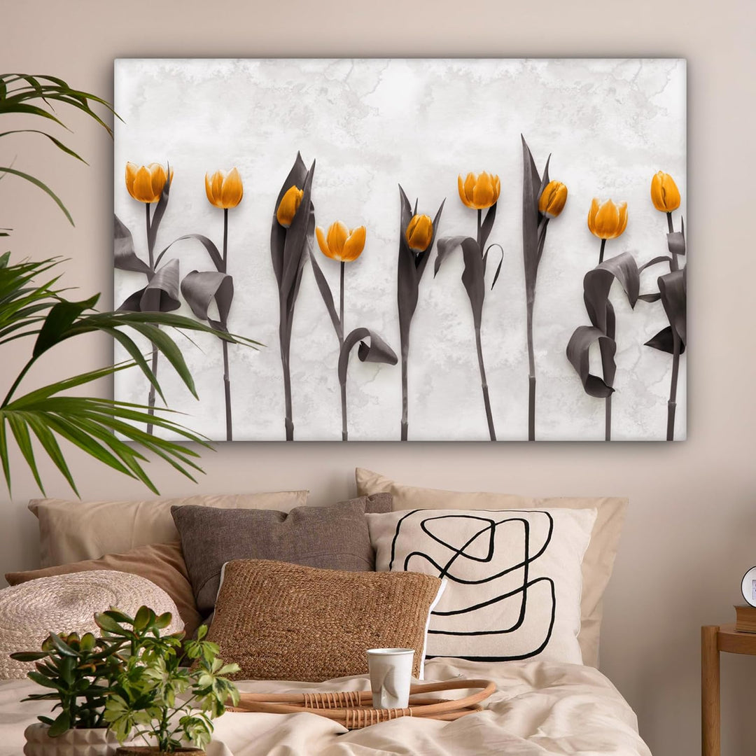 MuchoWow Leinwand Bilder, Einzigartige Wanddeko mit Rahmen, Blumen - Tulpen - Marmor, Wandbilder Woh