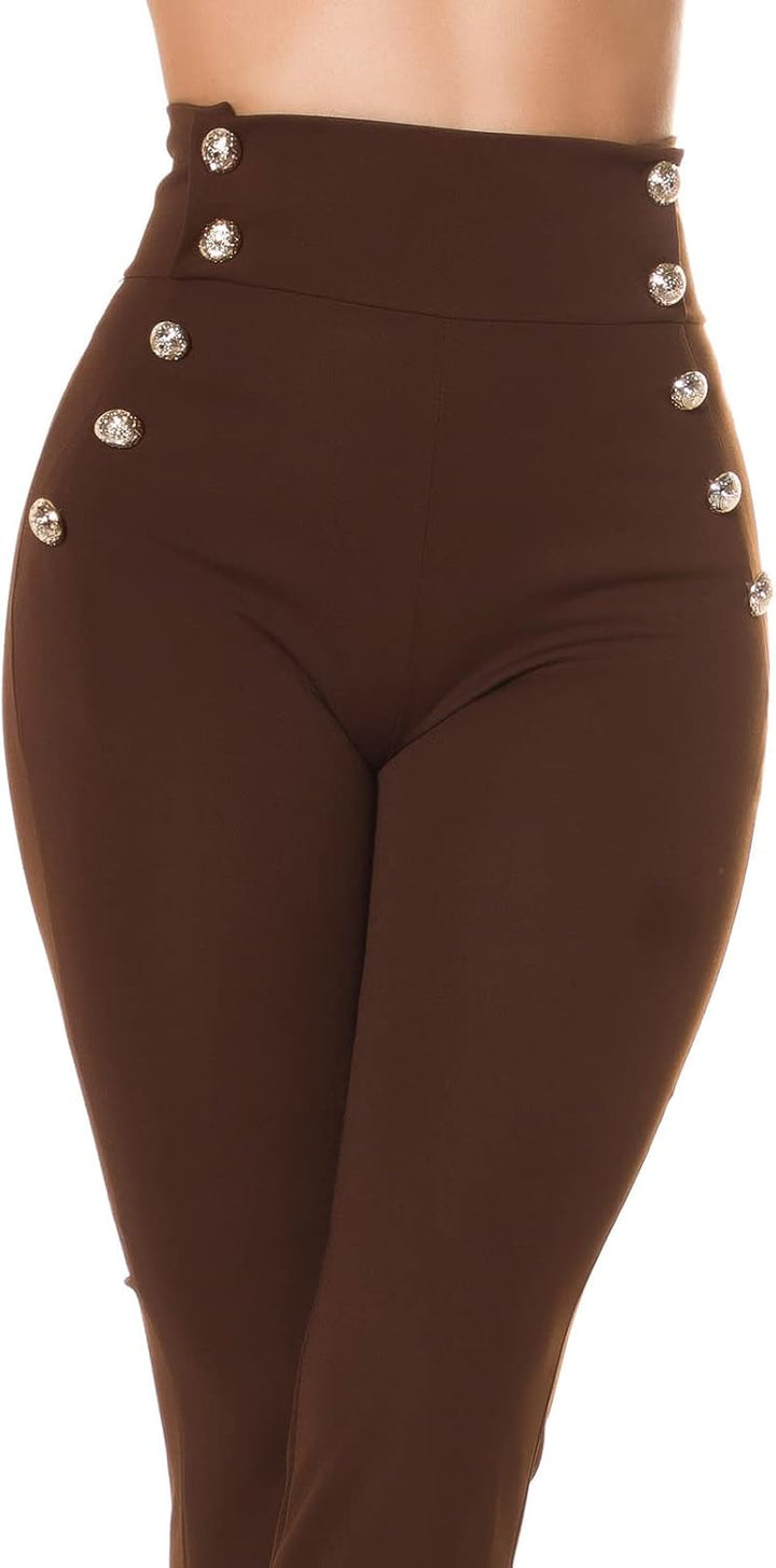 Stoff Business High Waist Schlag Hose mit Deko Knöpfe M Dunkelbraun, M Dunkelbraun