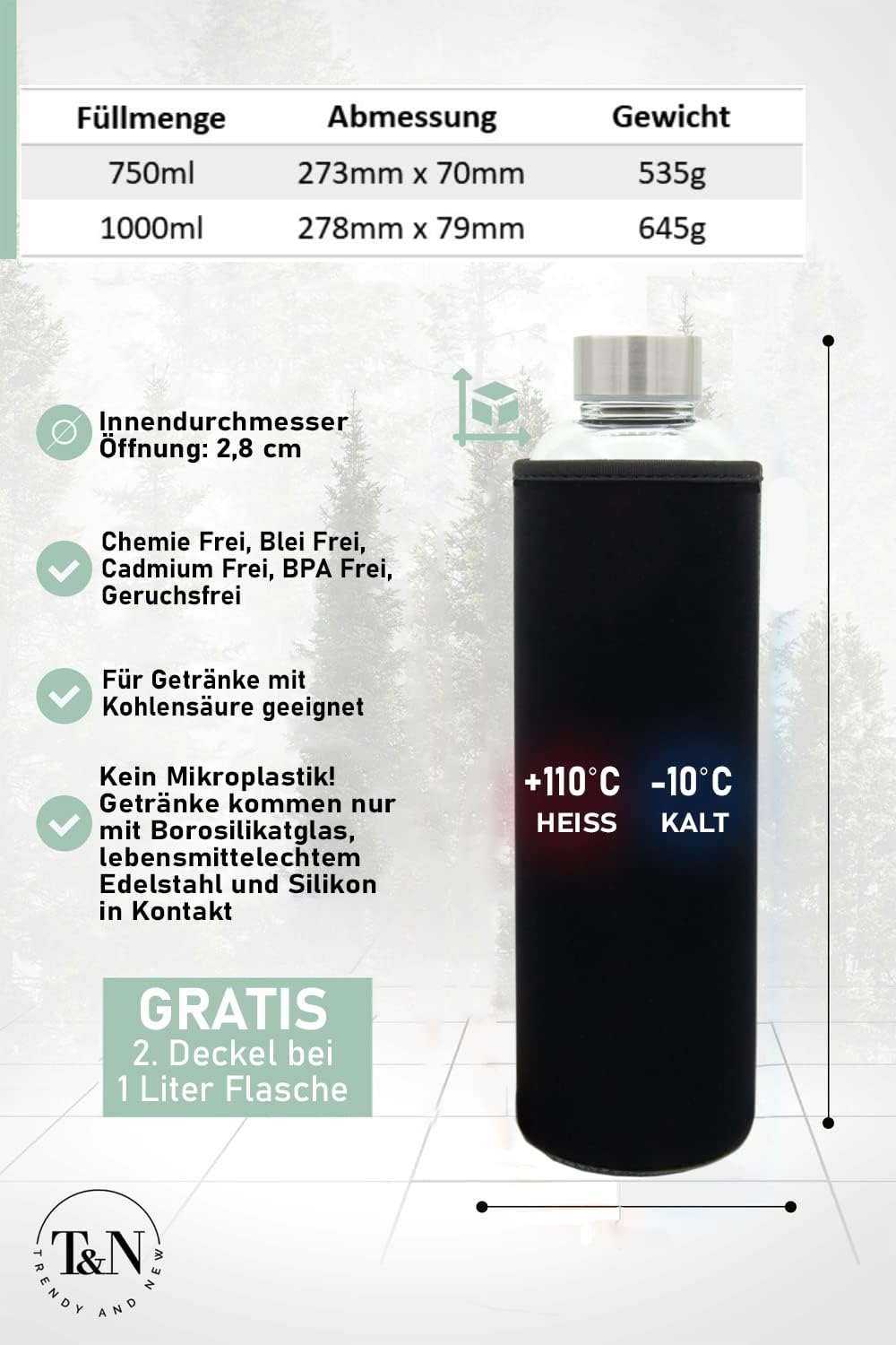 T&N Glasflasche 1 Liter / 750ml / 500ml – Trinkflasche Glas 1l mit Neoprenhülle – Wasserflasche Ausl