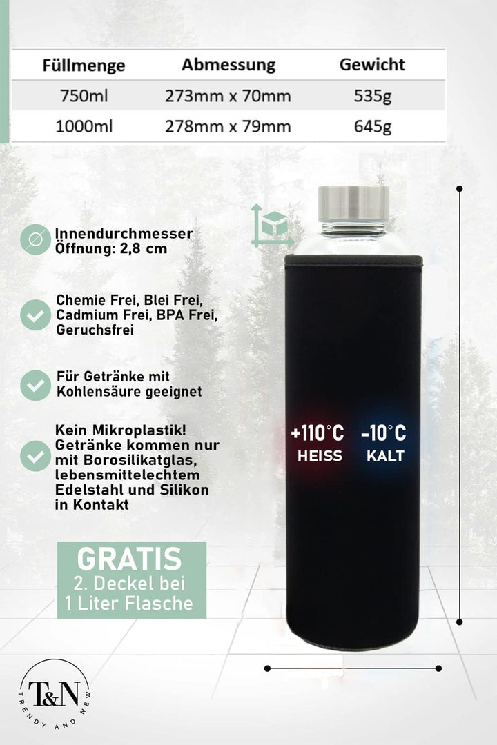 T&N Glasflasche 1 Liter / 750ml / 500ml – Trinkflasche Glas 1l mit Neoprenhülle – Wasserflasche Ausl