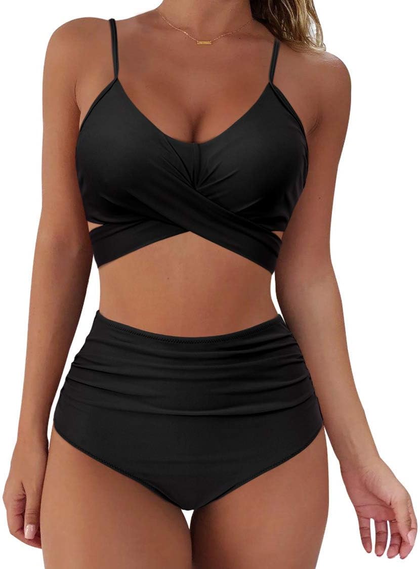 RXRXCOCO Damen Wickel Push Up Bikini Oberteil mit Bauchweg High Waist Bikini Set Bademode XL Schwarz