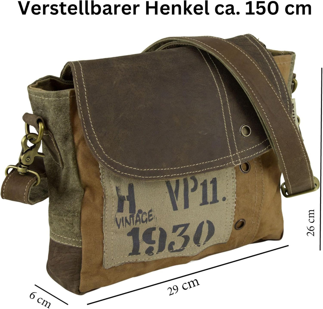 Sunsa Vintage Umhängetasche. Kleine Tasche aus Canvas & Leder. Nachhaltige Messenger Bag. Geschenk I