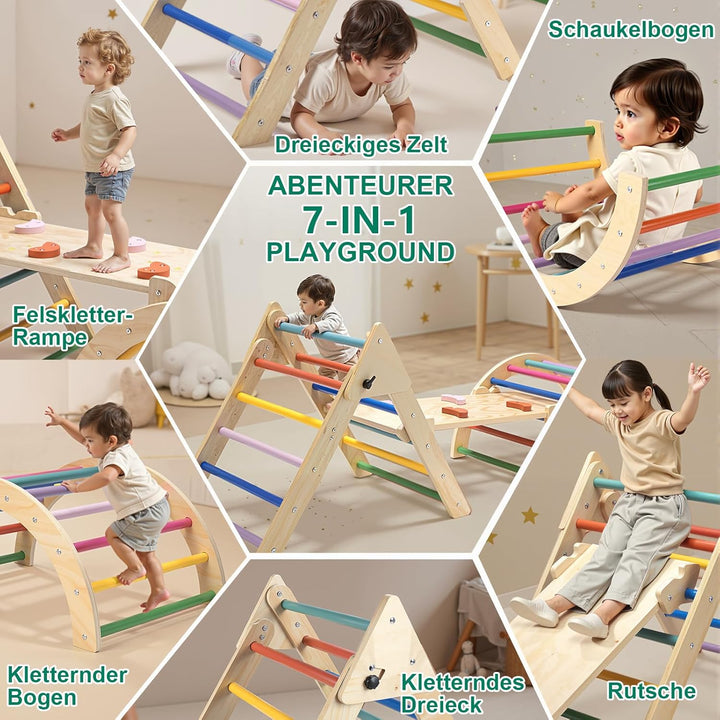 RUIE 7-in-1 Montessori Kletterdreieck mit Rutsche, Klettergerüst Indoor Spielplatz für Kleinkinder a
