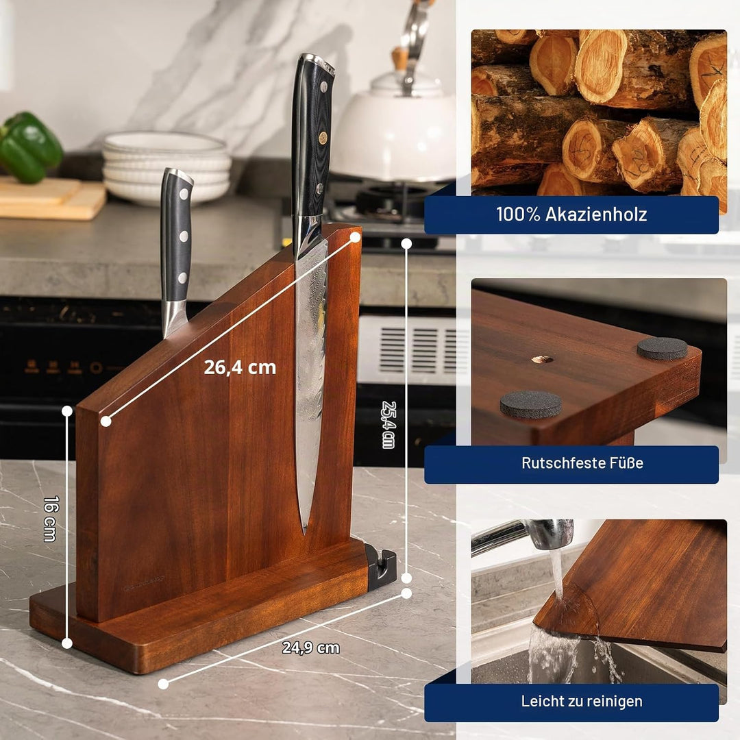 Gourmetop Messerblock Magnetisch mit Integriertem Schärfer, 100% Akazienholz Messerblock ohne Messer