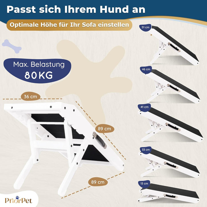 Hunderampe - Hundetreppe für kleine Hunde und grosse Hunde - Einstellbar 18-53 cm - Für Bett, Sofa -