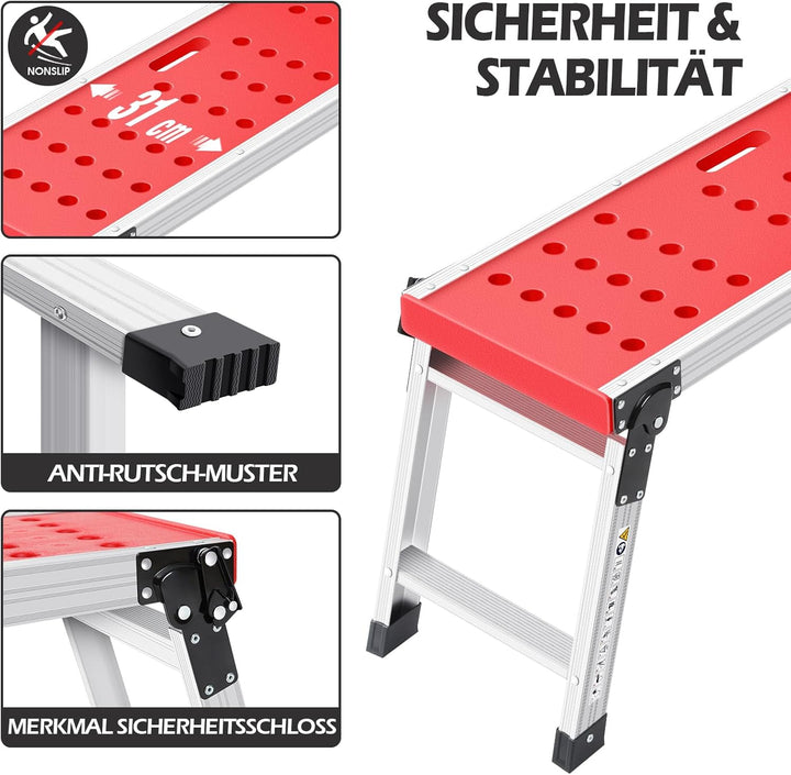 KINGRACK Klappbare Arbeitsplattform, Aluminium Stufenleiter Plattformleiter mit rutschfesten Gummifü