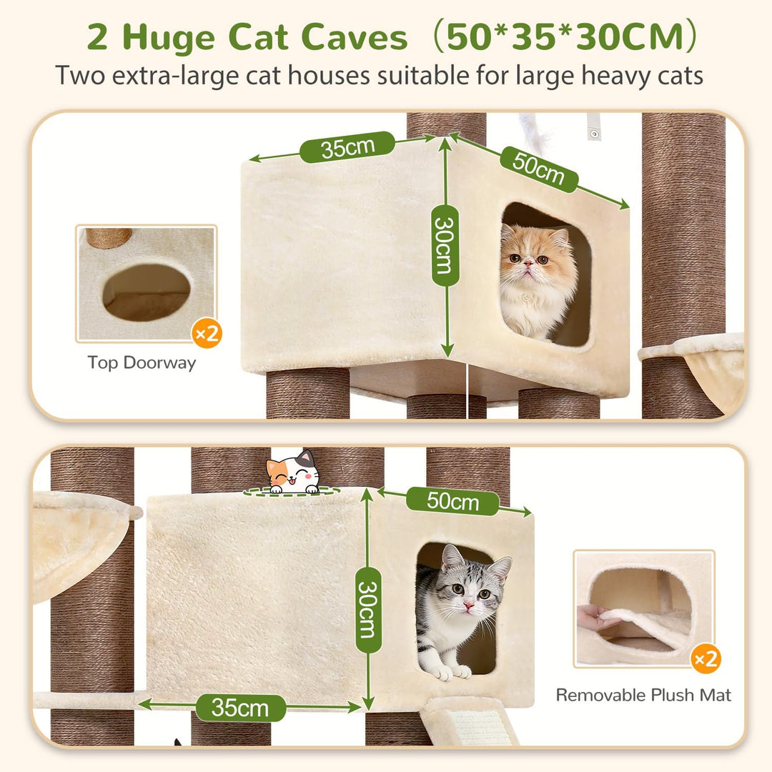 Globlazer Beige Kratzbaum Dicke Stämme 11CM für Grosse Katzen mit 2 Extragross Katzenhaus 50*35*30cm