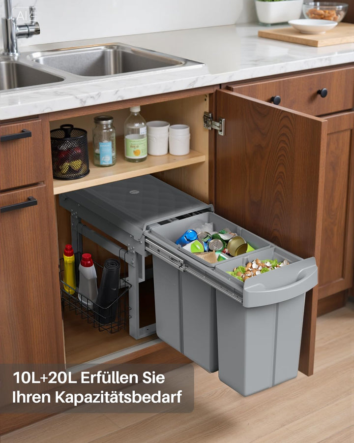 lovewind Abfallsammler Tandem 10L+20L, Mülltrennsystem Unterschrank mit kugelgelagerten Teleskopschi