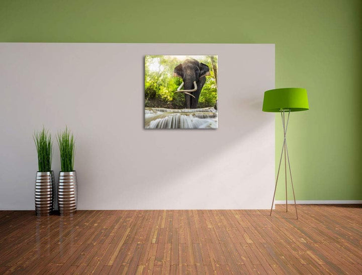 Pixxprint Elefant am Bach, Format: 70x70 auf Leinwand, XXL riesige Bilder fertig gerahmt mit Keilrah