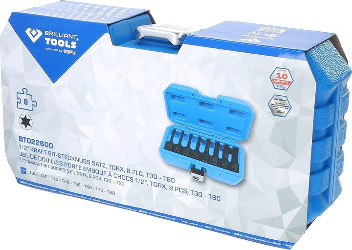 BRILLIANT TOOLS BT022600 1/2" Kraft Bit-Stecknuss Satz, Torx, T30-T80 8-TLG. [Powered by KS Tools]