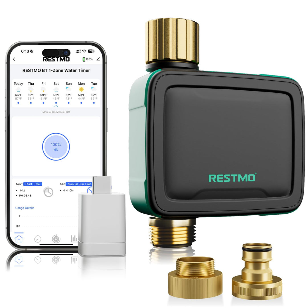 RESTMO 1 Zonen Bewässerungscomputer mit integriertem Bluetooth+Wi-Fi Chip und App-Steuerung, automat