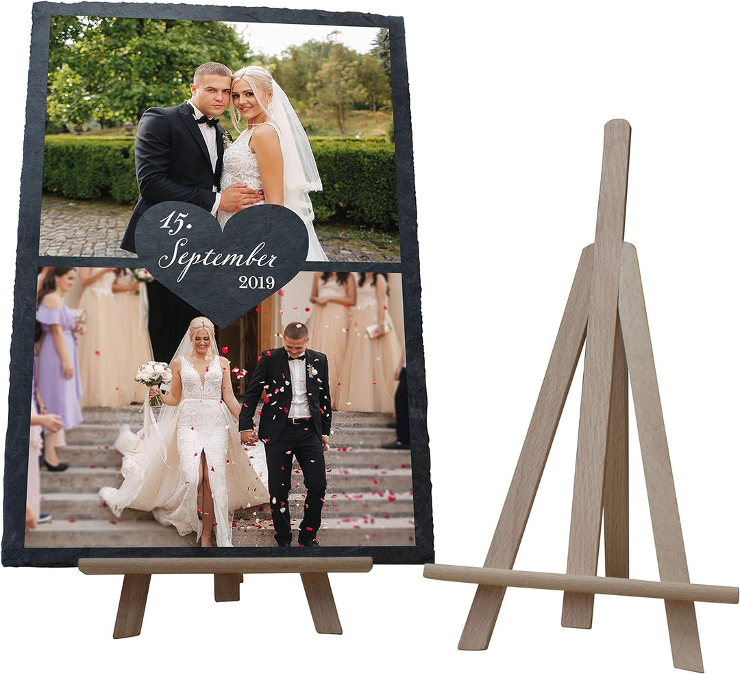 wandmotiv24 Schiefertafel Hochzeit mit Staffelei, Personalisierbar Digitaldruck 2 Farb-Fotos + Datum