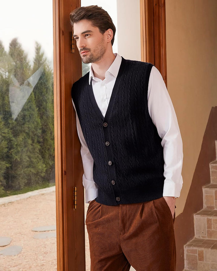 Kallspin Herren Strickweste Ärmellos Cardigan Wollmischung mit Zopfmuster und Knöpfen S Schwarz, S S