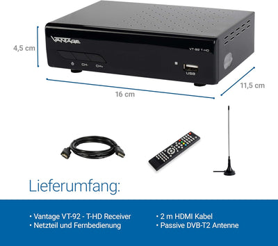 Vantage VT-92 DVB-T/T2 Reciever, Empfang Aller freien SD und HD DVB-T2 Sender, Digital, Full-HD 1080