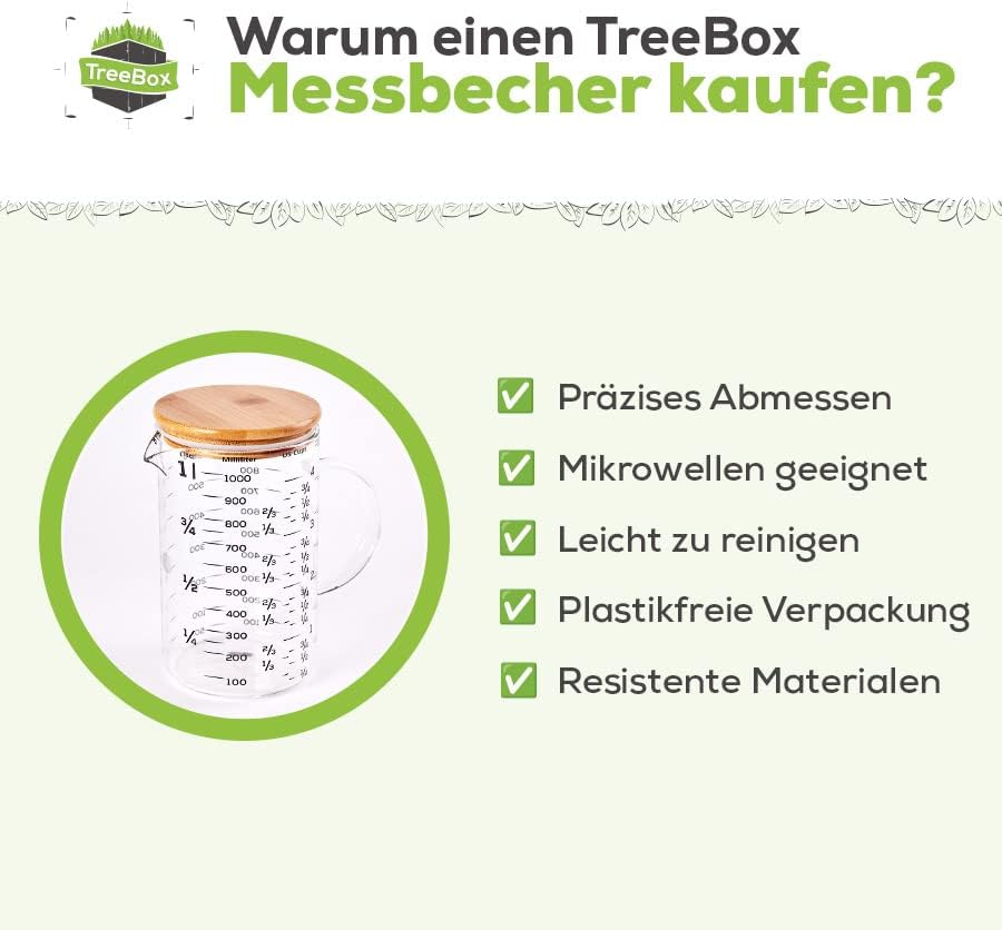 TreeBox Premium Messbecher 1l - Messbecher glas - Robuste und hitzebeständige Messbecher Set aus Bor