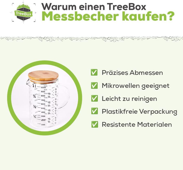TreeBox Premium Messbecher 1l - Messbecher glas - Robuste und hitzebeständige Messbecher Set aus Bor