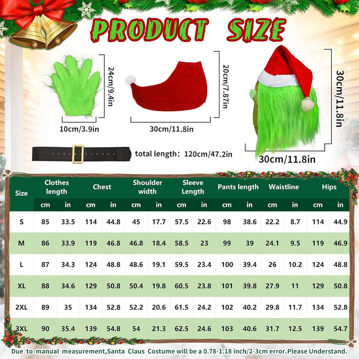 SINSEN Weihnachtsmann Kostüm für Erwachsene 7 Teile Weihnachten Grün Grosses Monster Kostüm Erwachse