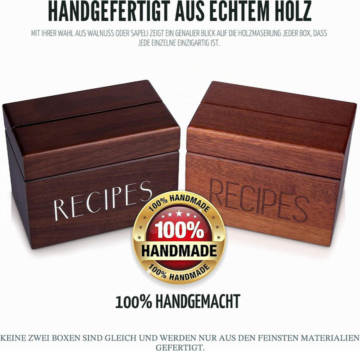 Apace Living Rezeptbox Holz mit blanko Rezeptkarten und Trennkarten – Sapeli Rezeptkiste für die Auf