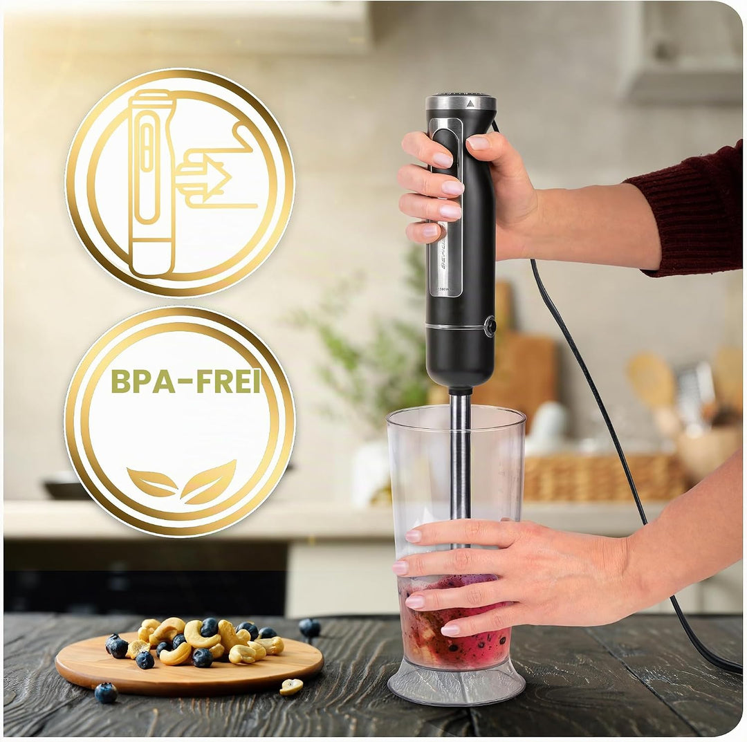 Berdsen Stabmixer Handmixer Pürierstab 1500W Multifunktional Mit Zubehör Turbo Funktion 800 ml Stahl