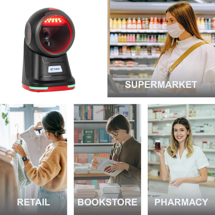 OBZ Desktop Barcode Scanner 1D 2D QR-Code | USB-Kabelgebundener Hands-Free mit Omnidirektionalem Sca