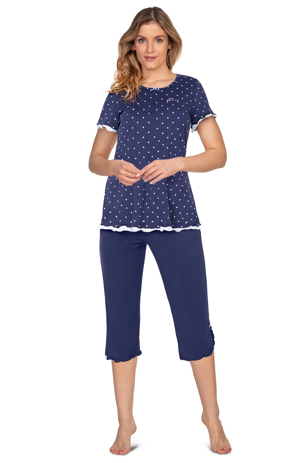 e.FEMME Damen Schlafanzug Marion 310, Kurzarm, aus 50% Baumwolle und 50% Modal 38 Marine Gepunktet,