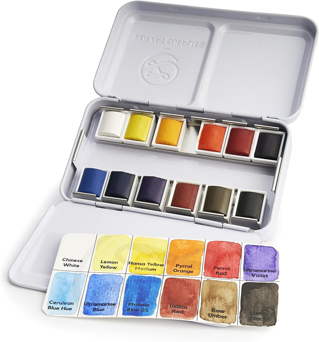 ZenART Professionelles Aquarellfarben-Set Classico – ungiftig, 12 Half-Pan Set in Metalldose – tragb