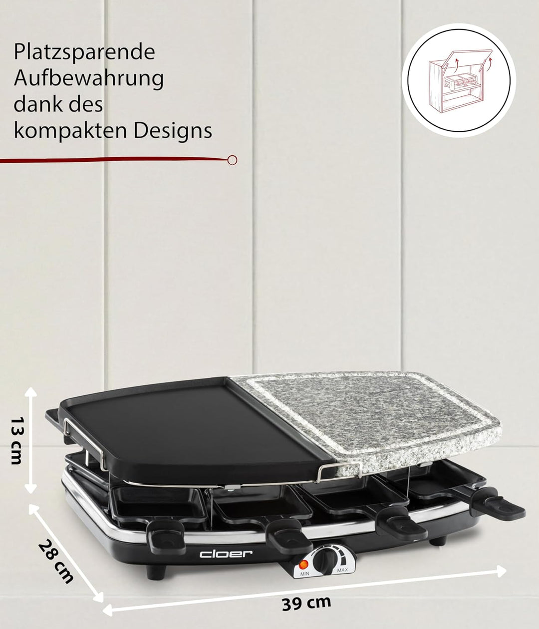 Cloer 6435 Raclette mit Naturstein / 1200 W / 8 antihaftbeschichtete Raclettepfännchen Geteilte