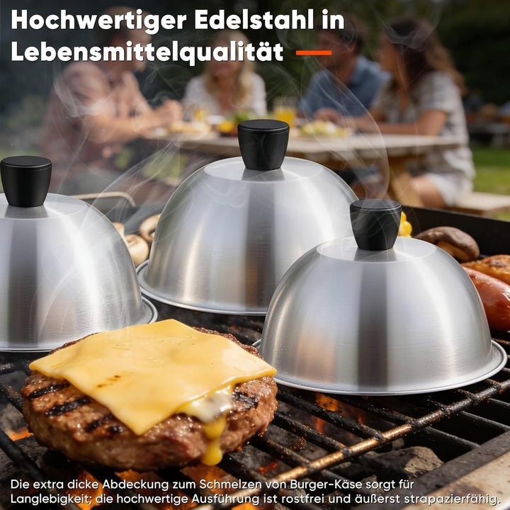 Herogo Burgerglocke, 4 Stück Edelstahl Burger Glocke mit Hitzebeständig Griff, 15,3x9 cm Metall Gril