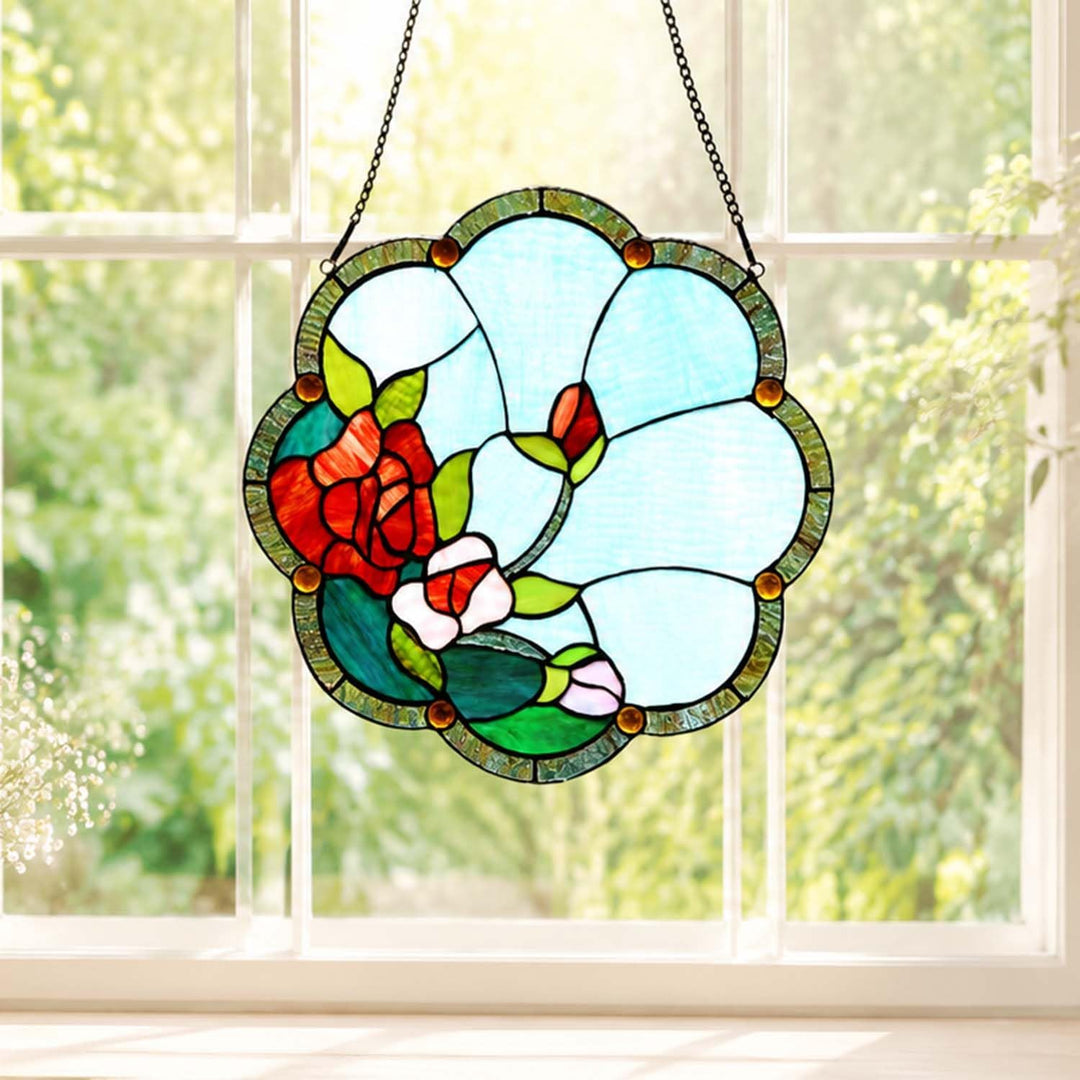 Bieye W10058 Fensterpaneel mit Rosen-Motiv im Tiffany-Stil, Buntglas, mit Kette, 40,6 cm breit