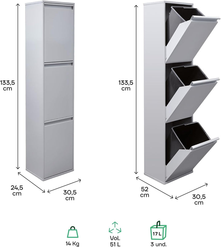 ARREGUI Basic CR302-B Mülltrennsystem aus Stahl | 3 Fächer Mülleimer für die Küche | 3 Fach Abfallei