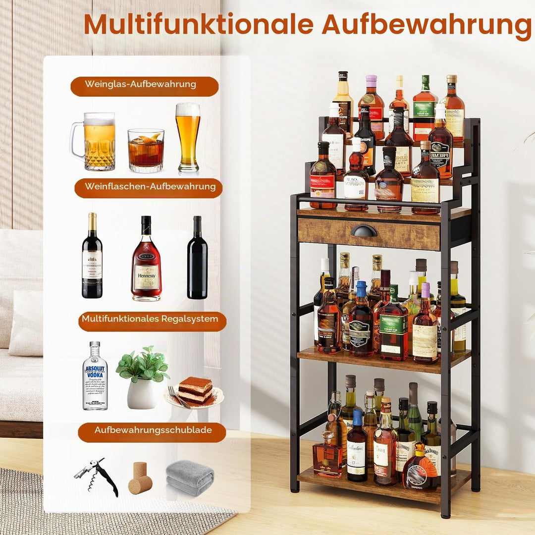 IBUYKE Stufen Weinregal, Freistehend, Weinschrank mit Schublade und Ausstellungsregal für Whisky, Tr
