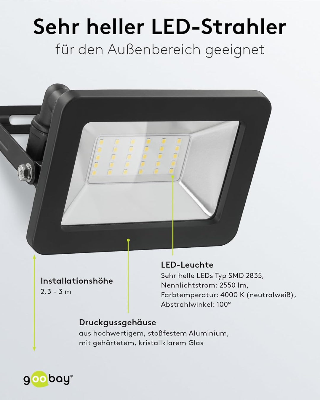 goobay 53872 LED Strahler Aussen 30W / Aussenstrahler IP65 / Neutralweisses Licht 2550 lm/LED Schein
