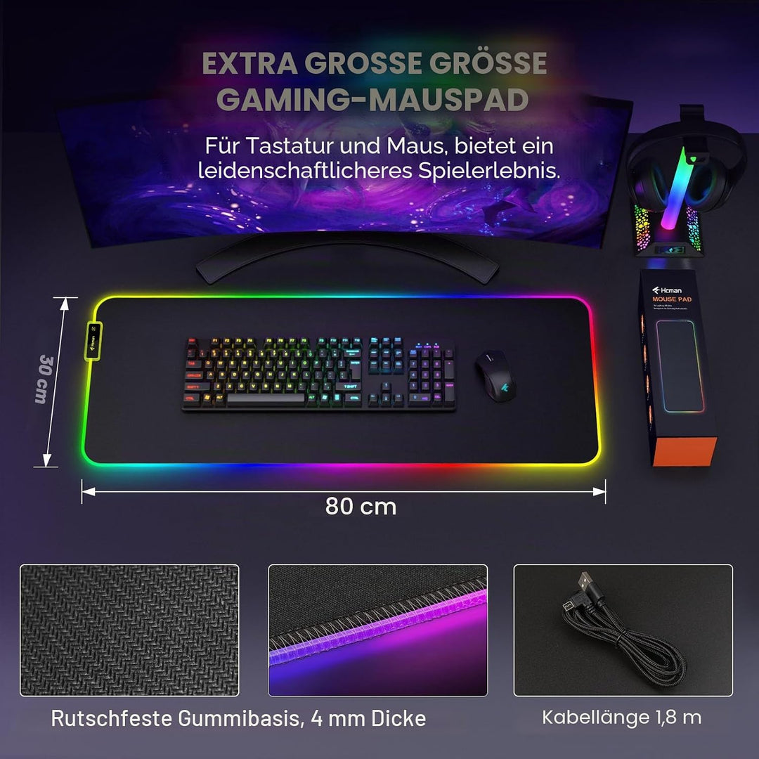 Hcman RGB Gaming Mauspad XXL - 800x300mm Mousepad mit Rutschfester Gummibasis, 7 LED Farben, 10 Bele
