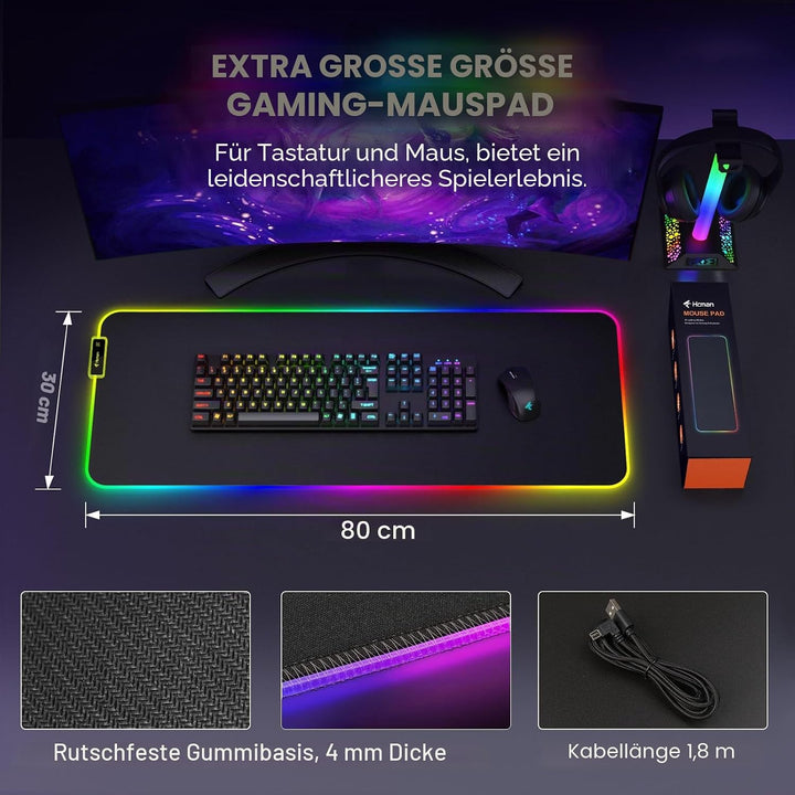 Hcman RGB Gaming Mauspad XXL - 800x300mm Mousepad mit Rutschfester Gummibasis, 7 LED Farben, 10 Bele