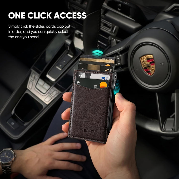 VULKIT Kreditkartenetui Leder Kartenetui RFID Blocking Automatische Pop Up Visitenkartenetui für Kar