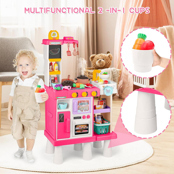 deAO Kinderküche Spielküche mit Wasserfunktion & Dampf, 54 Stck. Höhenverstellbar Küchenspielset mit