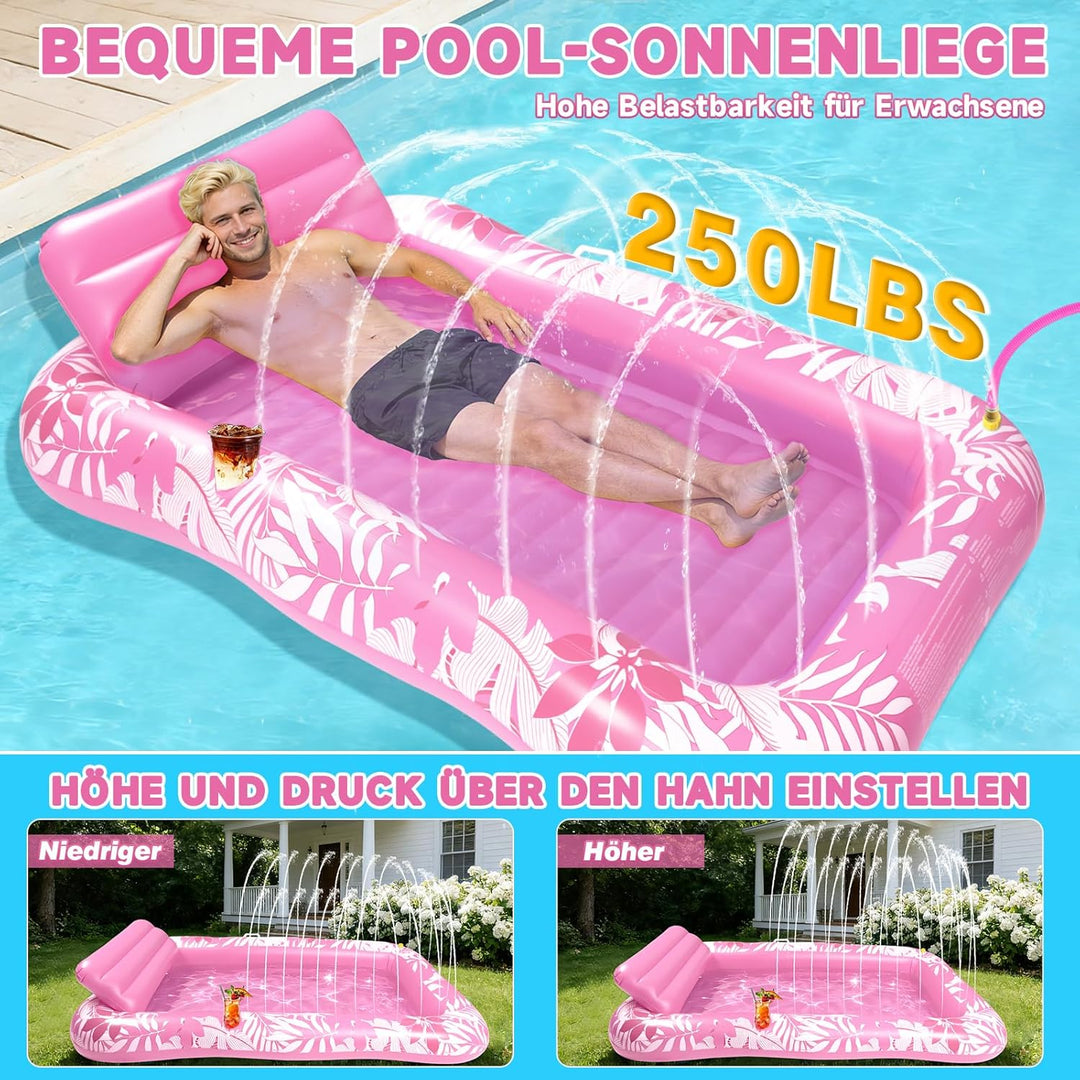 Luftmatratze Pool Erwachsene, Aufblasbares Schwimmbett mit Sprinkler & Getränkehalter, Grosse Wasser